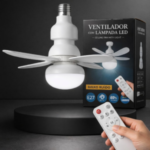 Lâmpada Ventilador de Teto LED 60W com Controle Remoto – Bocal E27, 3 Velocidades, Luz Ajustável