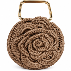 bolsa redonda de crochê metalizado com alça dourada